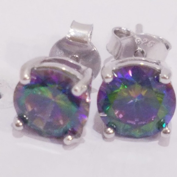 Sterling silver rainbow cz earrings round created mystic topaz studs - Picture 4 of 5